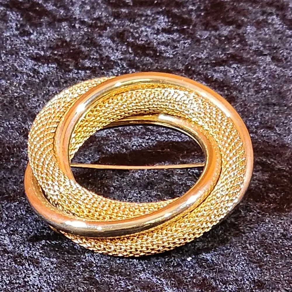 Vintage Monet Gold Tone Brooch | Flashback Circle Pin Textured Designer Jewelry